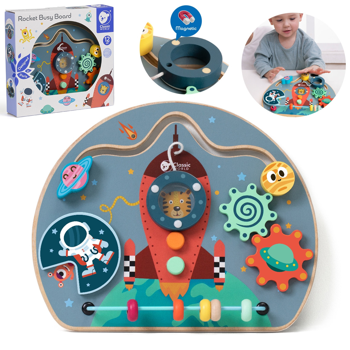 Tablica Manipulacyjna Drewniana Wielofunkcyjna 6w1 Rakieta dla Dzieci 12m+ Classic World