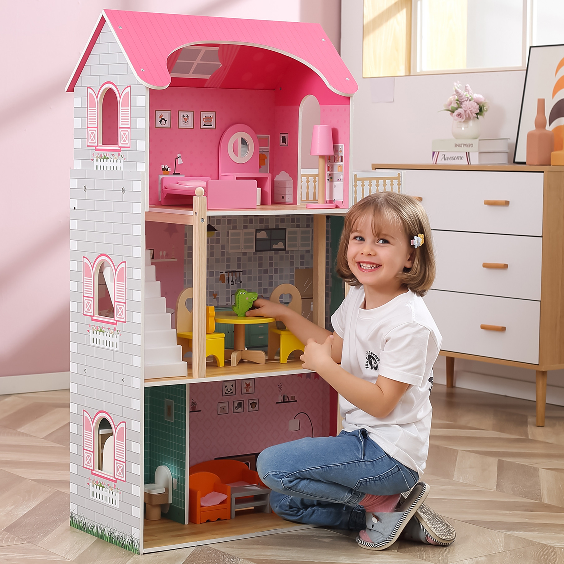 Duży Drewniany Domek dla Lalek VIGA – 3 Piętra, Winda i Mebelki - obrazek 6
