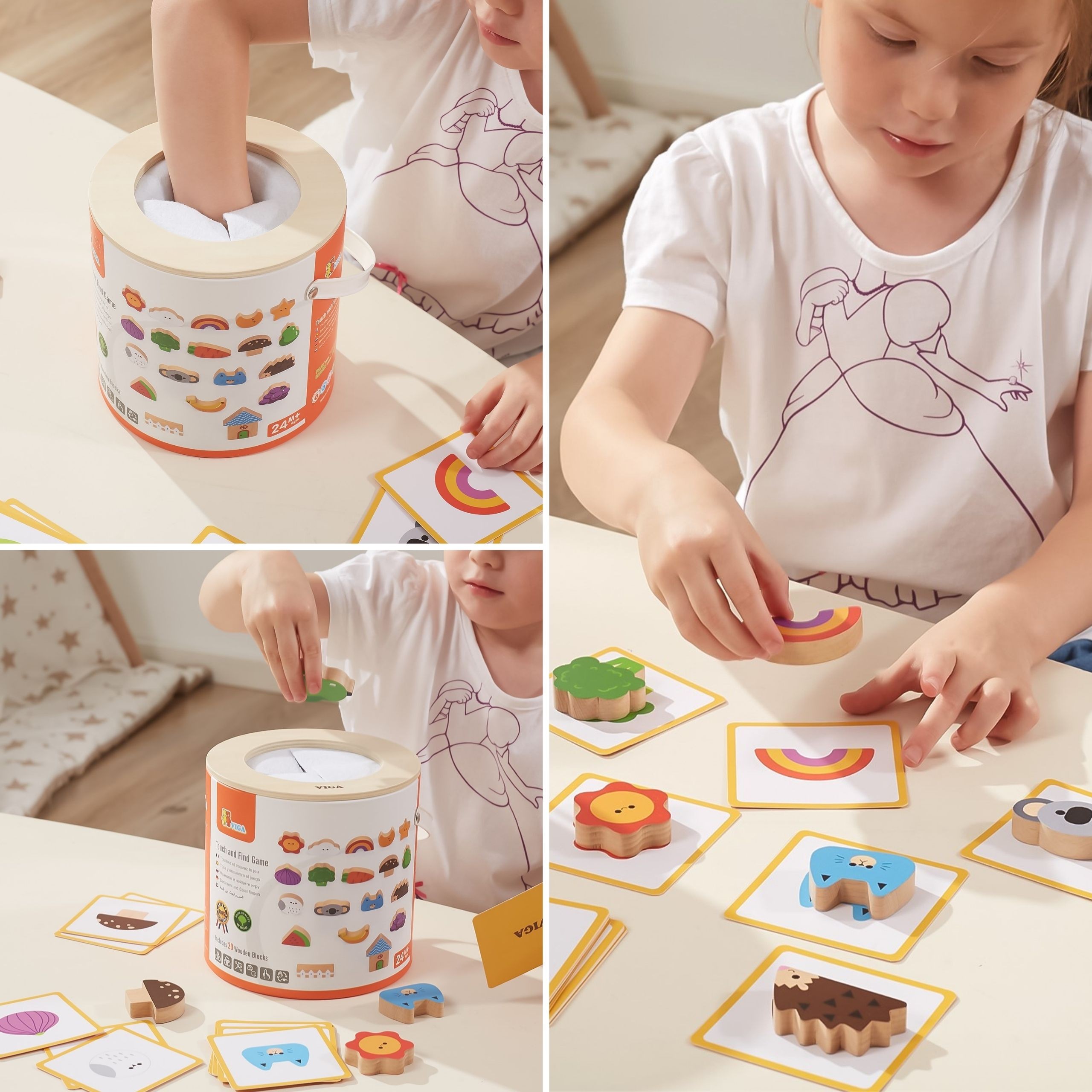 Drewniana Gra Sensoryczna dla Dzieci 3+ VIGA Montessori – Zgadywanie Dotykiem, Klocki i Karty Edukacyjne