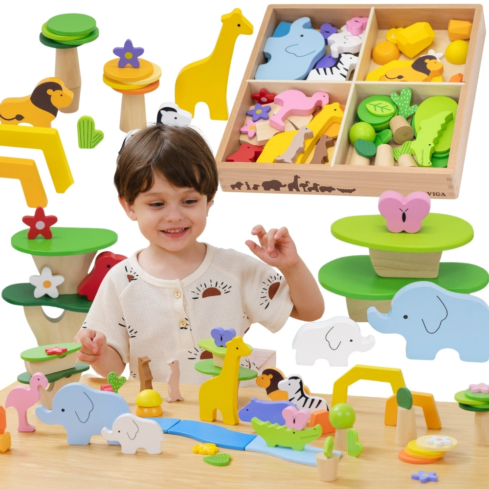 Drewniane Klocki VIGA 55 el. Zwierzęta Sawanny Montessori Kolorowe Opowieści 3+