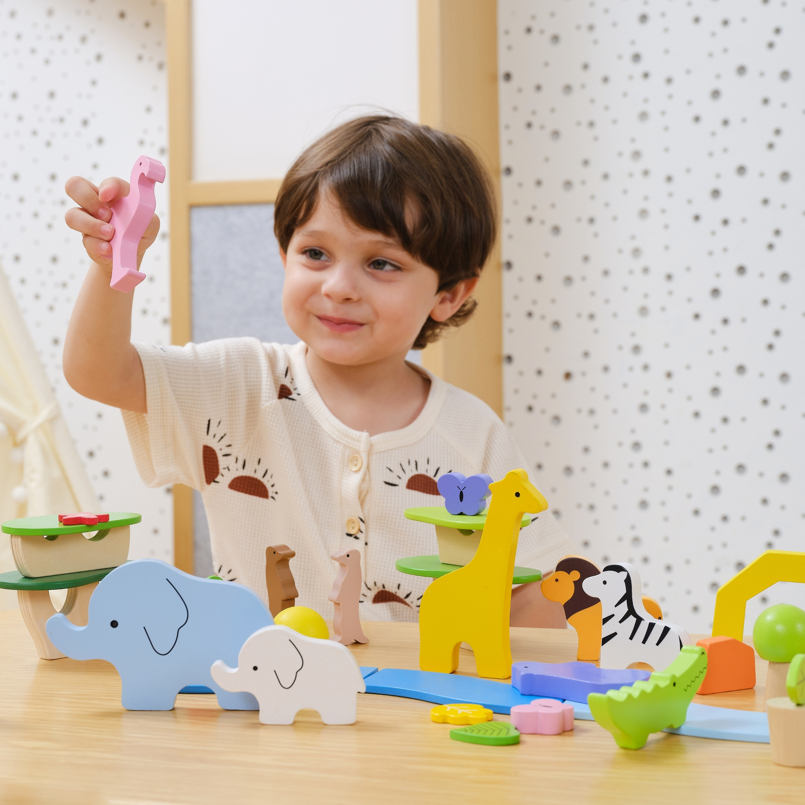 Drewniane Klocki VIGA 55 el. Zwierzęta Sawanny Montessori Kolorowe Opowieści 3+