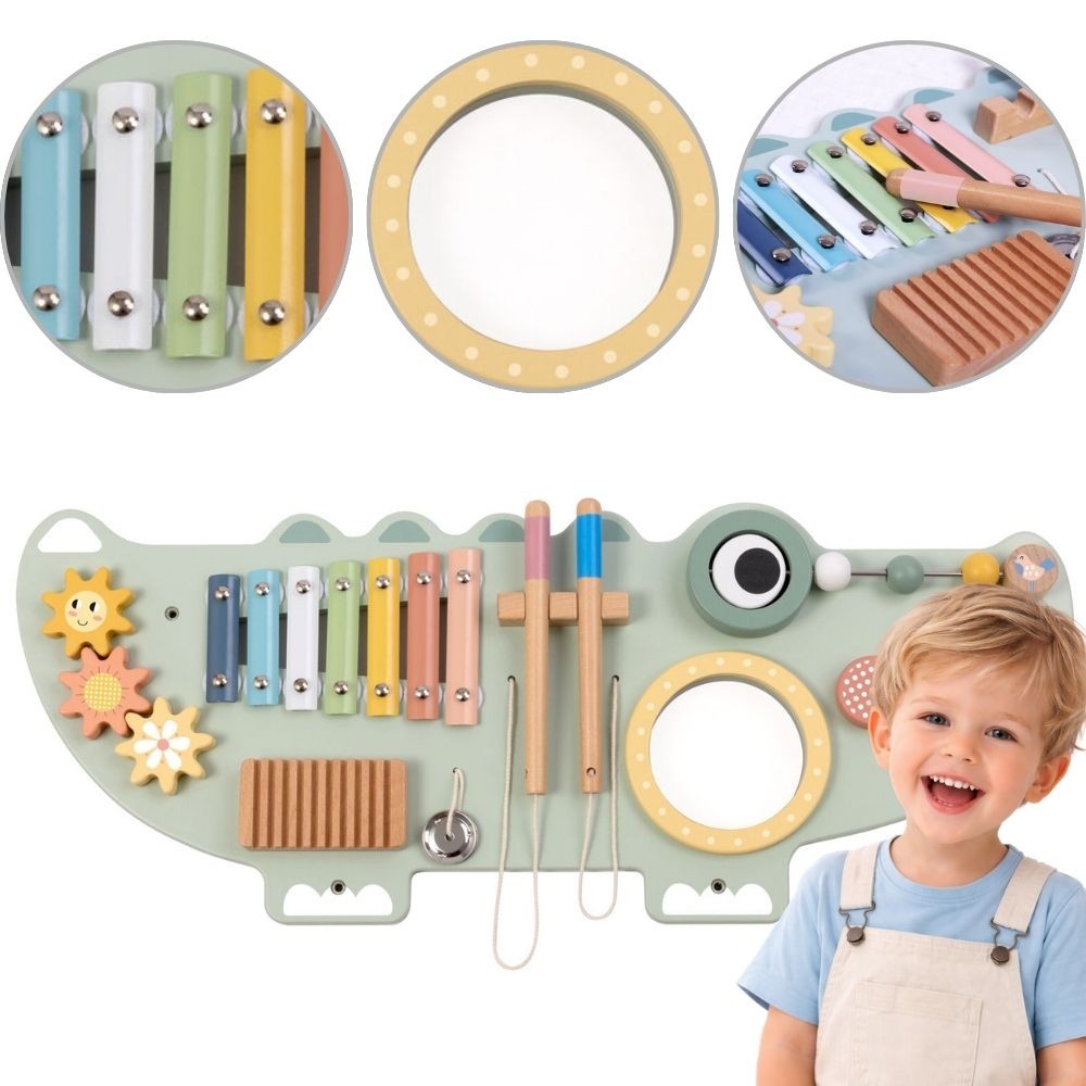 Drewniana Tablica Manipulacyjna Krokodyl TOOKY TOY – Panel Ścienny Sensoryczny 3 el.