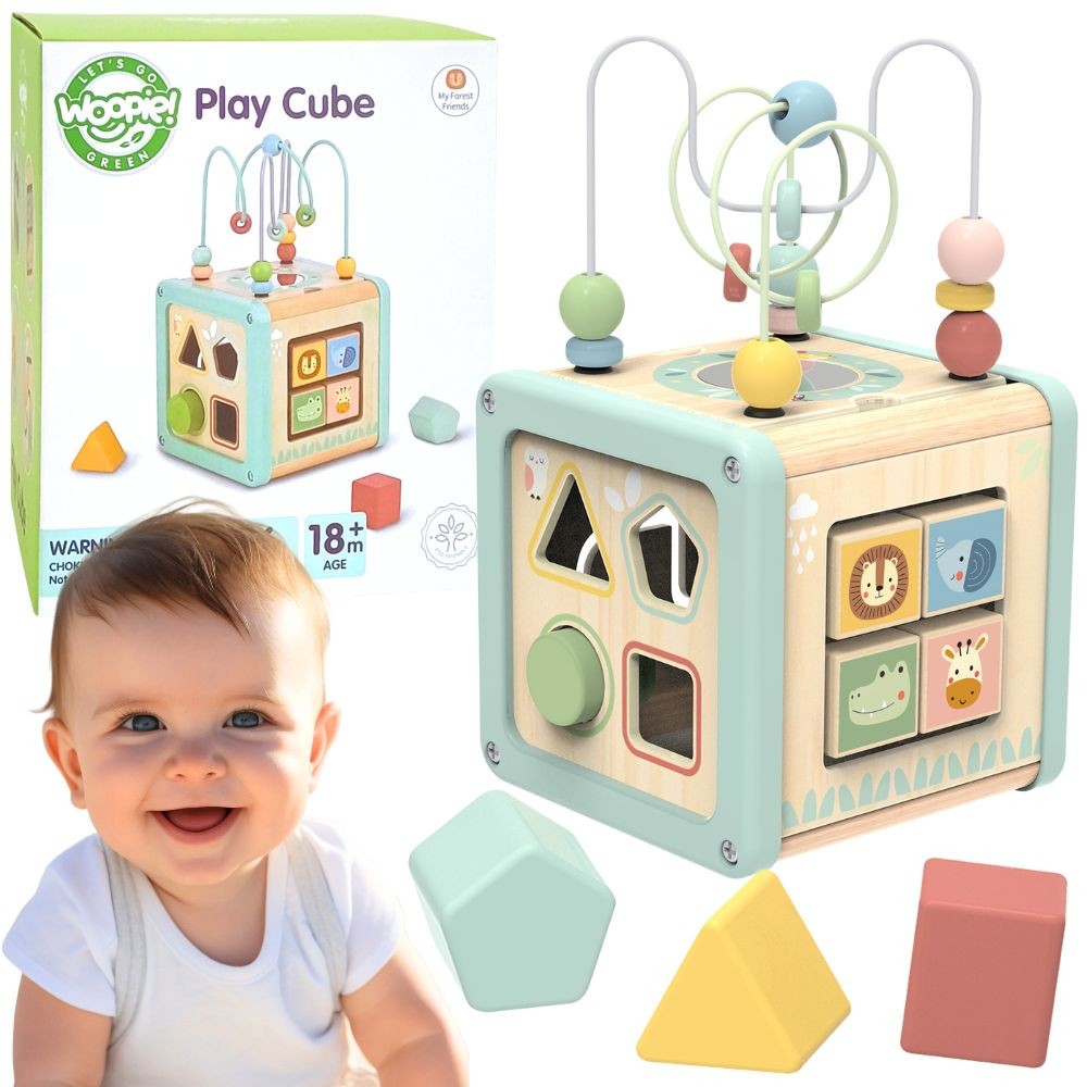 Drewniana Kostka Aktywności WOOPIE GREEN 18m+ Sorter Edukacyjny Montessori