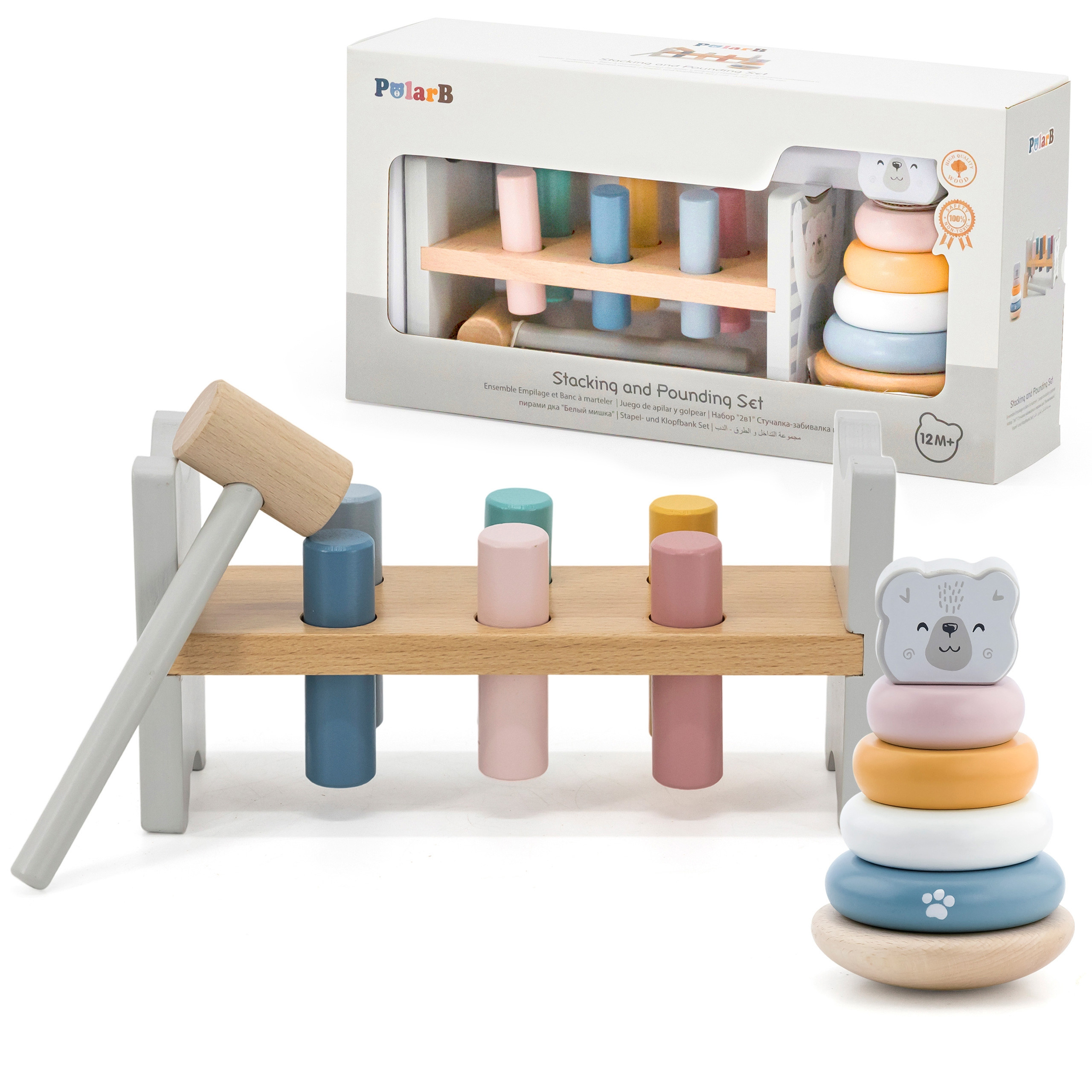 VIGA PolarB Drewniana Piramidka i Przebijanka z Młotkiem Montessori Zestaw 2w1 12m+
